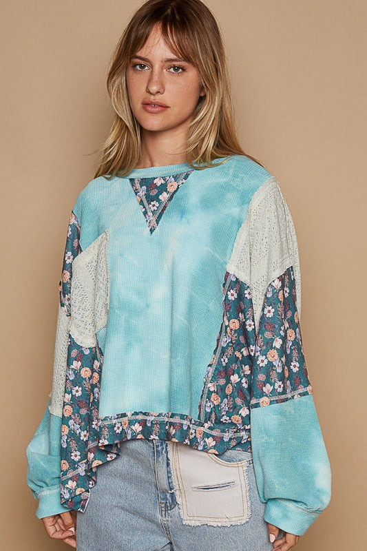 POL Teal Floral Patchwork Round Neck Knit Top Shirts & Tops