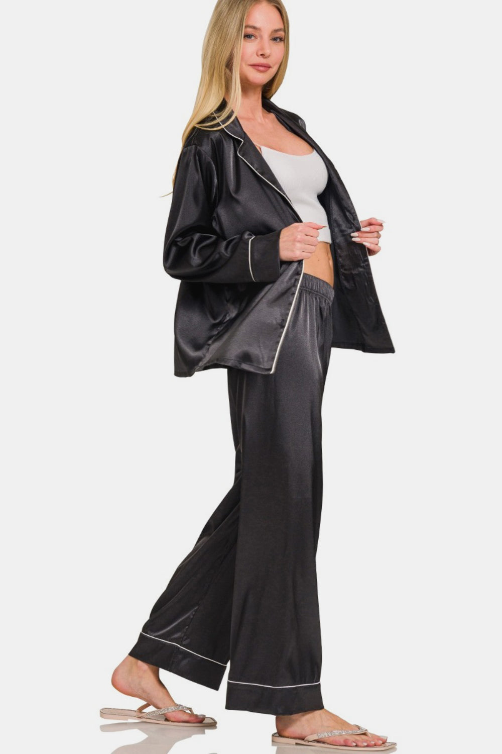 Zenana Black Satin Long Sleeve Shirt and Pants Pajama Set Trendsi