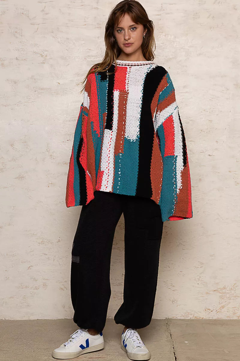 POL Multi Color Block Round Neck Oversized Sweater
