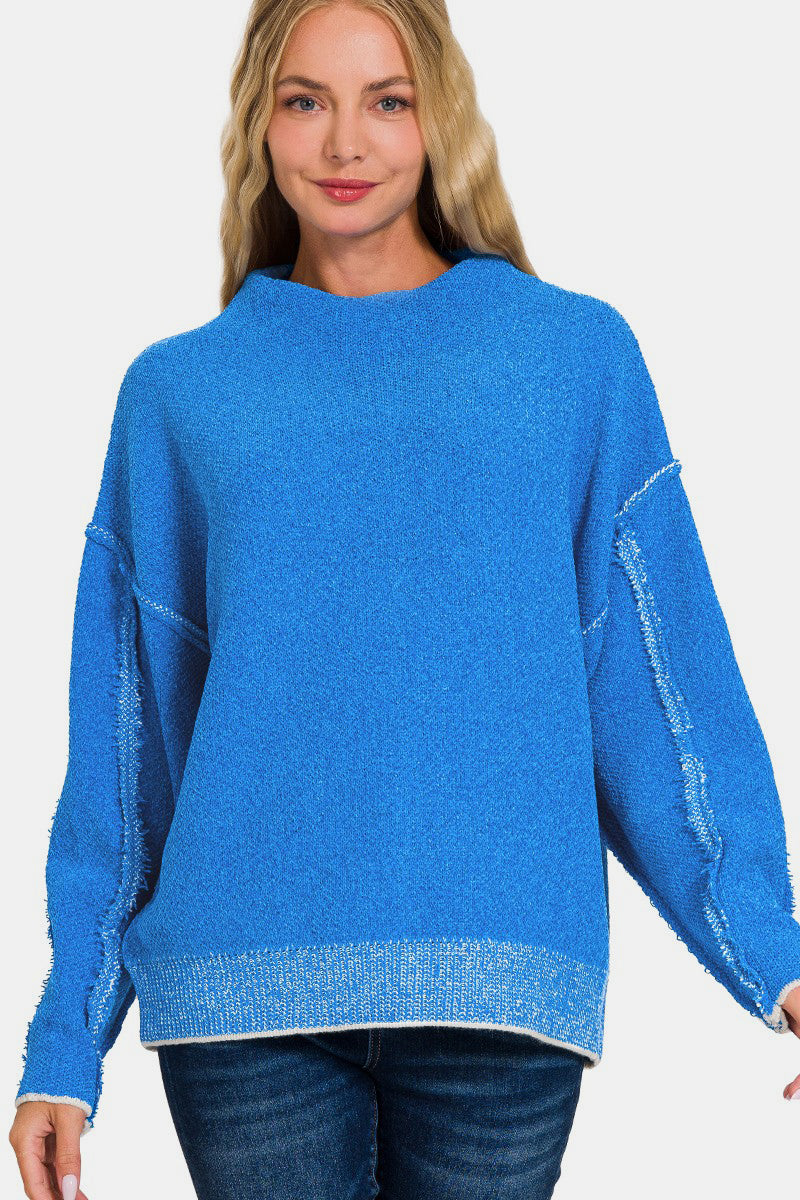 Zenana Ocean Blue Exposed Seam Mock Neck Long Sleeve Sweater Ocean Blue Trendsi