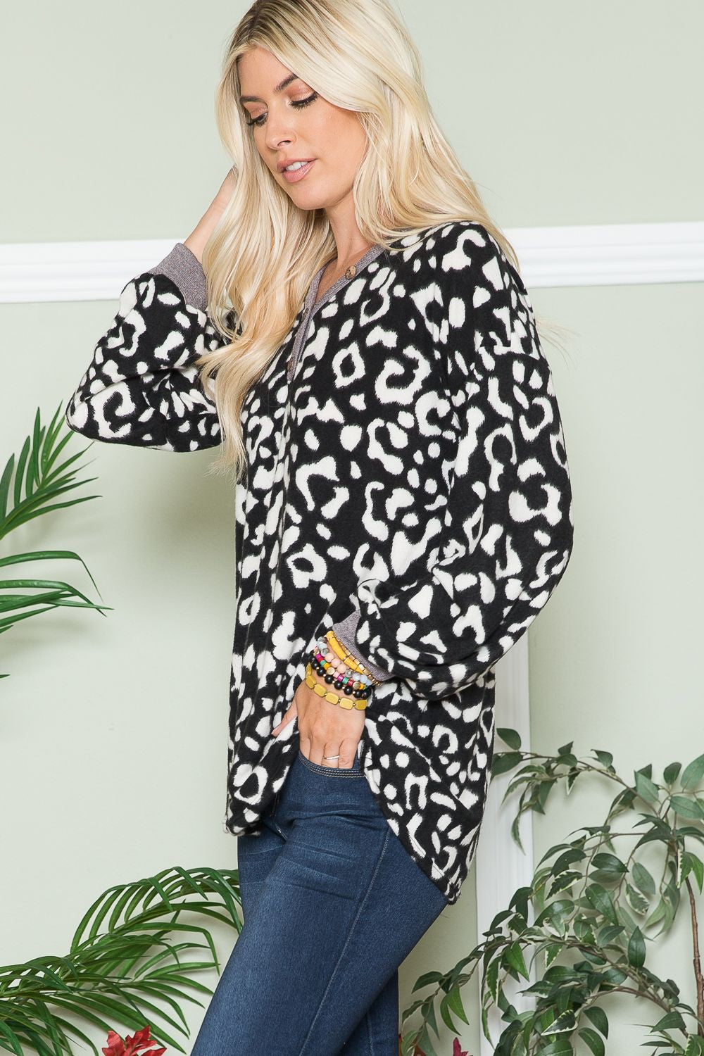 Celeste Black Leopard V-Neck Long Sleeve Blouse Shirts & Tops