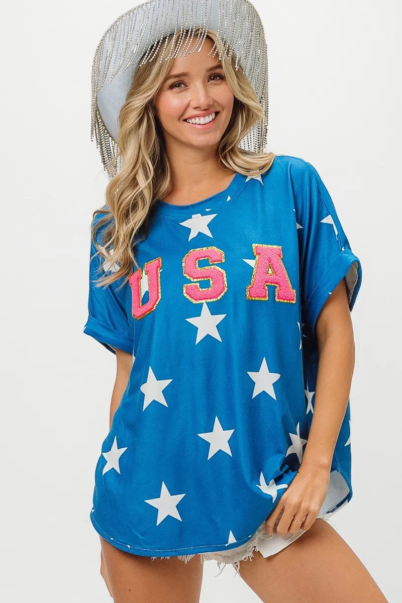BiBi USA Fourth Of July Star Knit Blue Top
