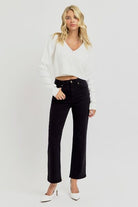 RISEN Black Tummy Control Elastic Band High Rise Crop Straight Jeans