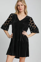 Umgee Black Velvet Dotted Lace Sleeve Tiered Velvet Mini Dress Black Dresses