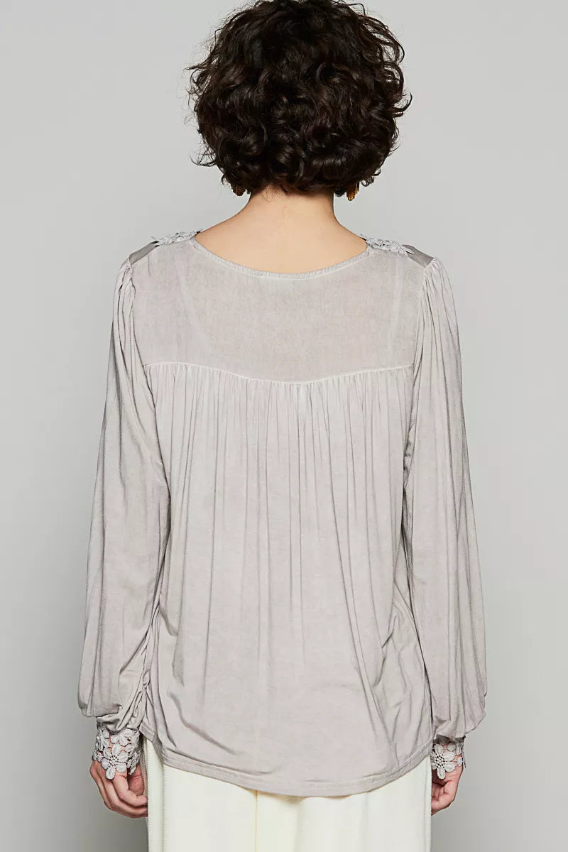 POL Romantic Taupe Floral Embroidery Woven Blouse with Lace Trim