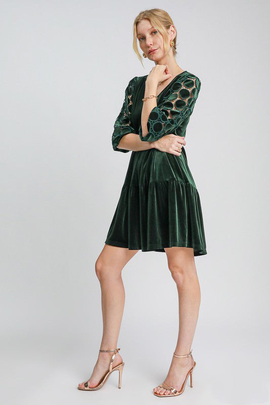 Umgee Dark Green Dotted Lace Sleeve Tiered Velvet Mini Dress Dresses