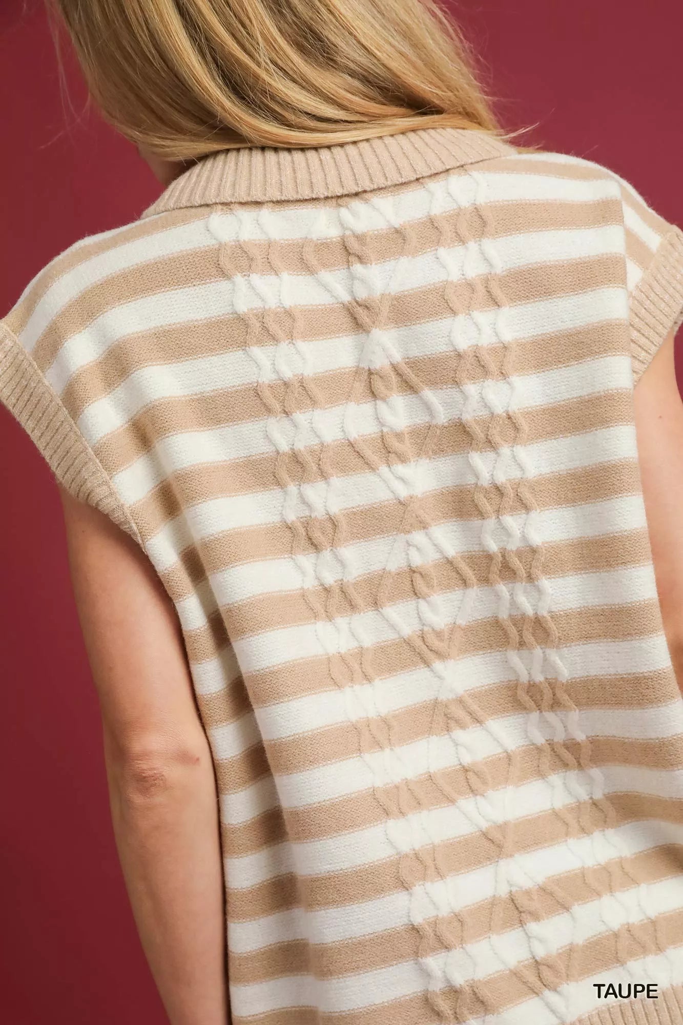 Umgee Taupe Cable Knit Collared Striped Vest Sweater