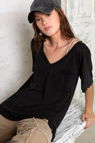 POL Black V-Neck Short Sleeve Slub Knit T-Shirt Black Trendsi