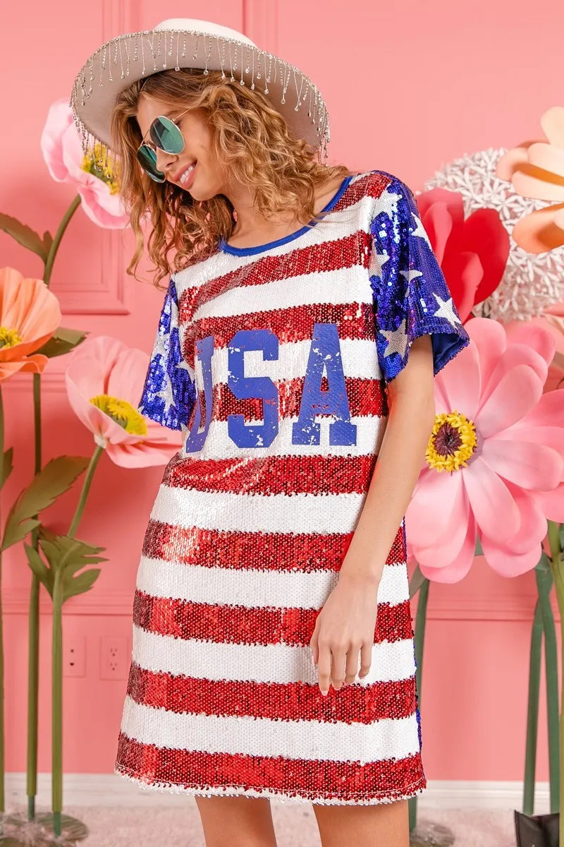 BiBi American Flag Theme Usa Print Sequin Dress AMERICAN FLAG