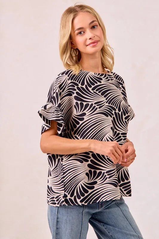 BiBi Black Print Woven Ruffled Sleeves Top