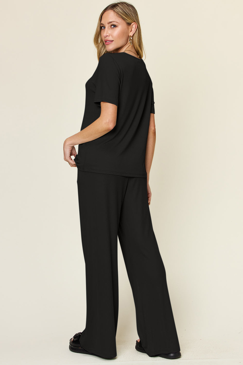 Double Take 4 Colors Round Neck Short Sleeve T-Shirt and Wide Leg Pants Set Trendsi