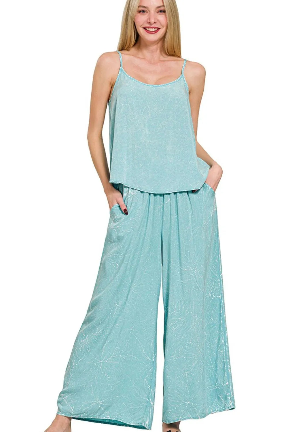 Zenana Dusty Teal Woven Acid Crinkle Washed Cami & Pants 2 Piece Set DUSTY TEAL