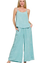 Zenana Dusty Teal Woven Acid Crinkle Washed Cami & Pants 2 Piece Set DUSTY TEAL