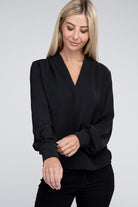 Zenana Woven Airflow V-Neck Long Sleeve Top ZENANA