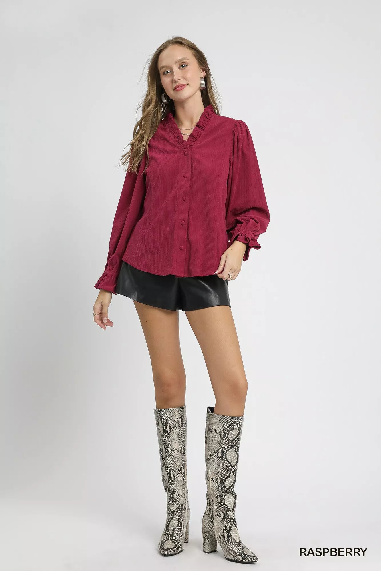 Umgee Raspberry Corduroy Ruffle Shirt with Long Puff Sleeves