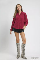 Umgee Raspberry Corduroy Ruffle Shirt with Long Puff Sleeves