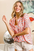 BiBi Floral Jacquard Smoked Puff Sleeves V Neck Top