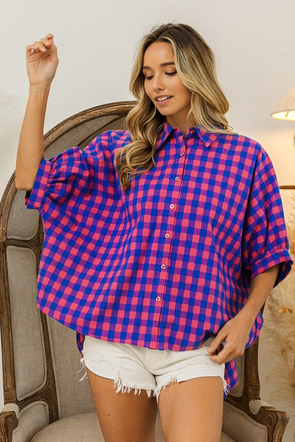 BiBi Navy & Pink Plaid Button Up Dolman Sleeve Shirt Trendsi