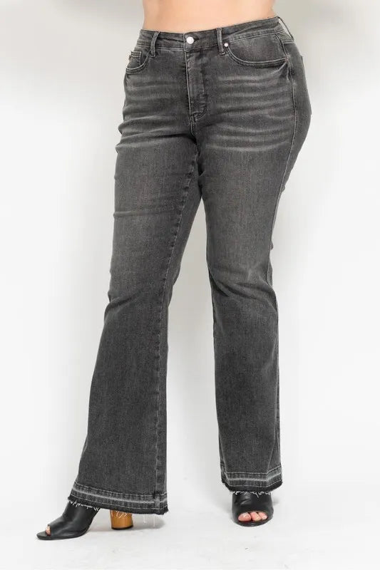 Judy Blue Gray Midi Rise Tummy Control Washed Gray Release Hem Flare Jeans