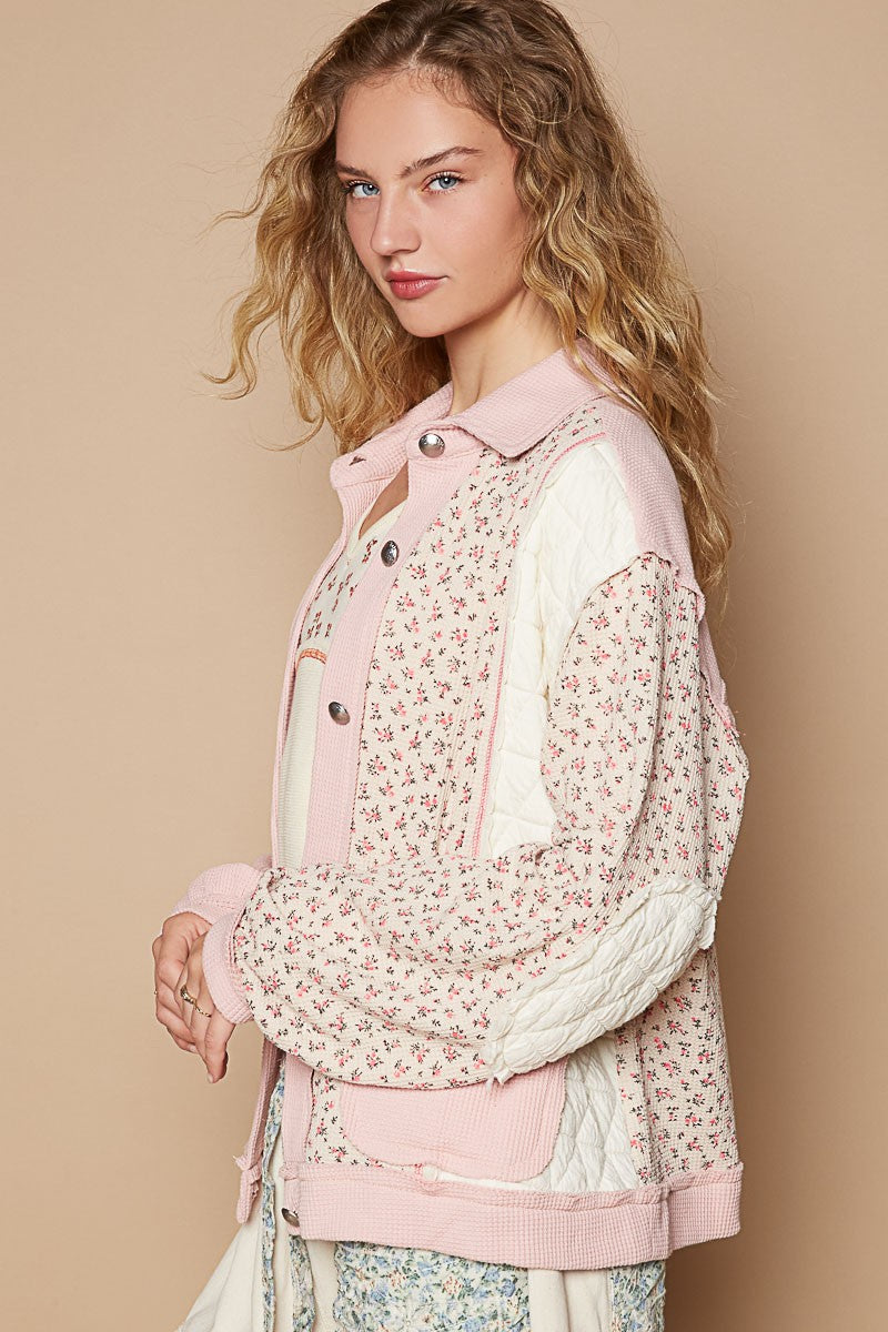 POL Pink Floral Exposed Seam Button Up Quilted Jacket Trendsi