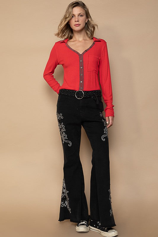 POL Black Raw Hem Contrast Embroidered Stretchable Twill Flare Pants Jeans