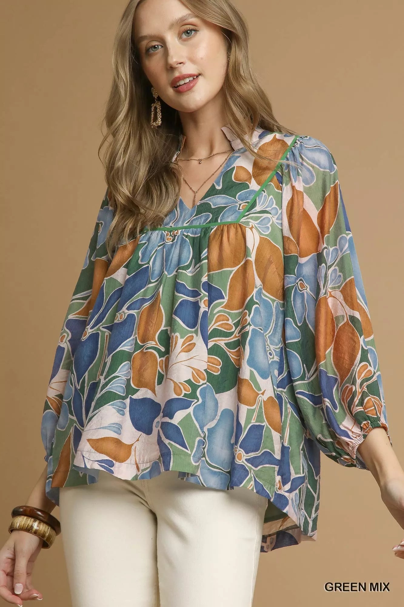 Umgee Green Mix Multicolor Abstract Floral Print Blouse with Ruffle Neck GREEN MIX