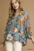 Umgee Green Mix Multicolor Abstract Floral Print Blouse with Ruffle Neck GREEN MIX