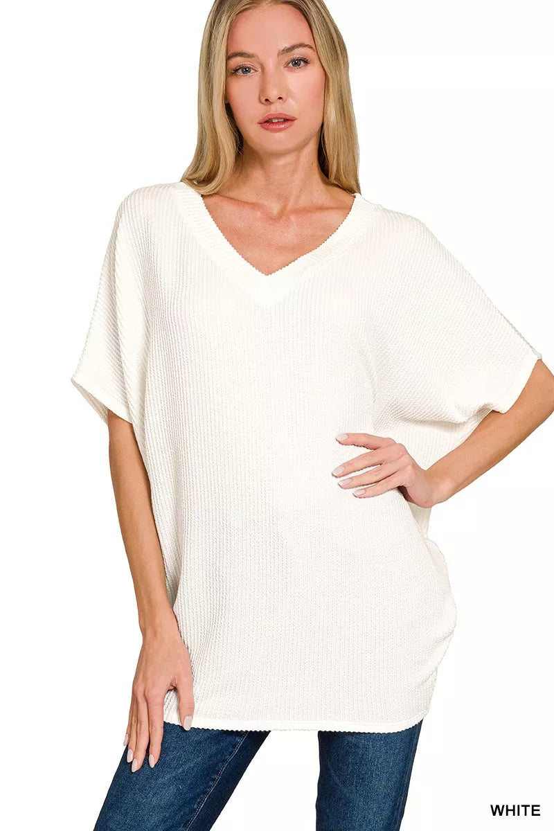 Zenana White Raised Rib V-Neck Batwing Top WHITE