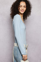 POL Powder Blue V-Neck Long Sleeve Ribbed Top with Lace-Accent Neckband
