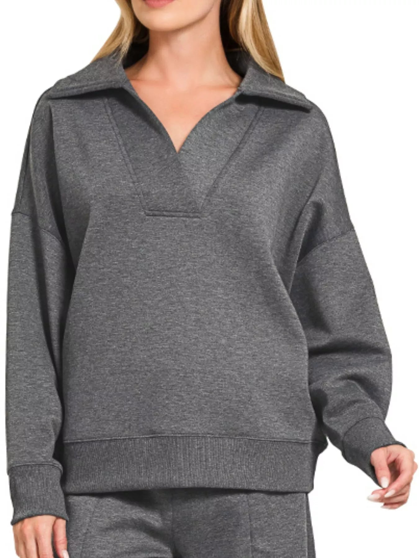 Zenana Charcoal Scuba Collared Pullover and Pants Set
