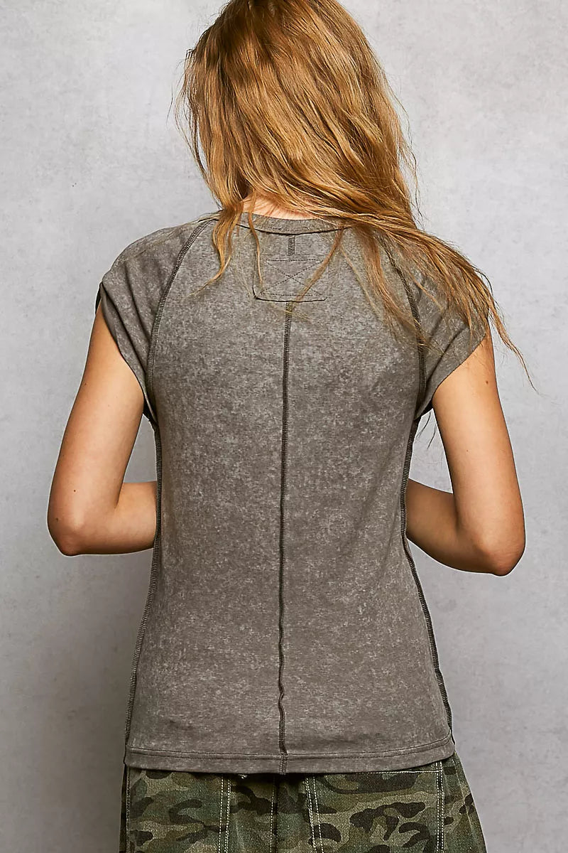 POL Charcoal V-Neck Short Sleeve Washed T-Shirt with Outseam