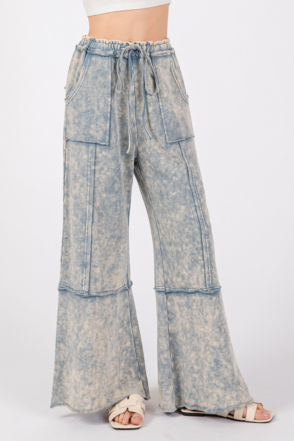 SAGE + FIG Slate Blue Mineral Washed Terry Wide Leg Pants Slate Blue Trendsi