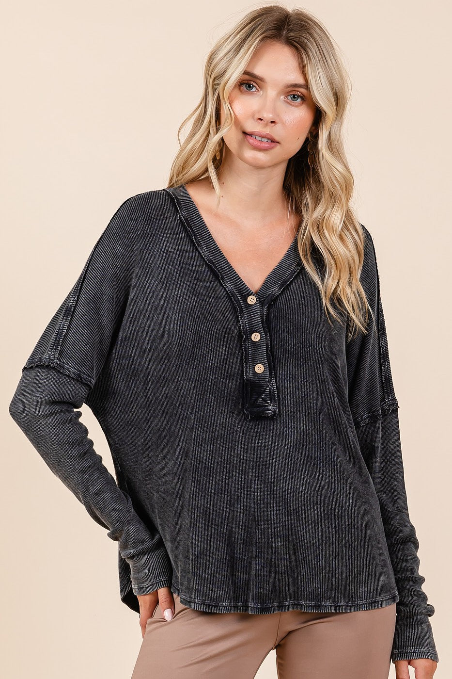 Mittoshop Charcoal Washed Textured V-Neck Long Sleeve Top Shirts & Tops