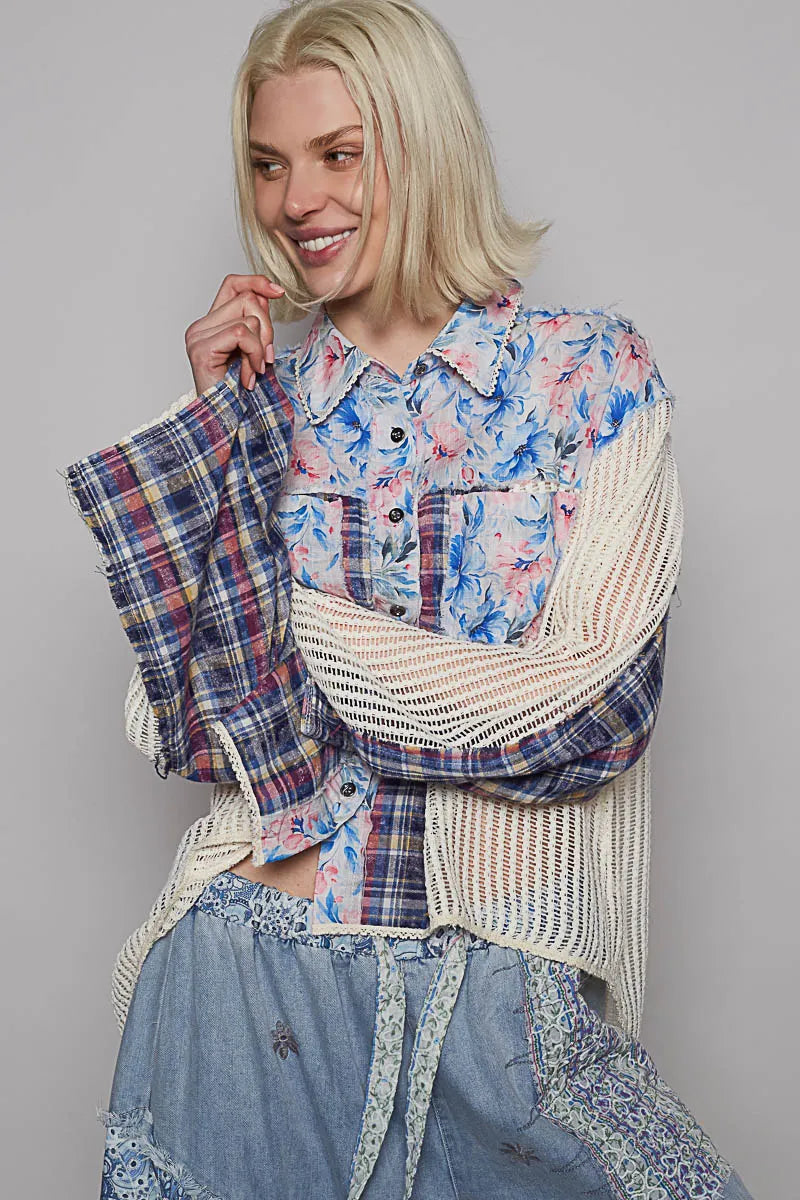POL Long Sleeve Crochet Floral Print Slit Back Plaid Patchwork Shirt