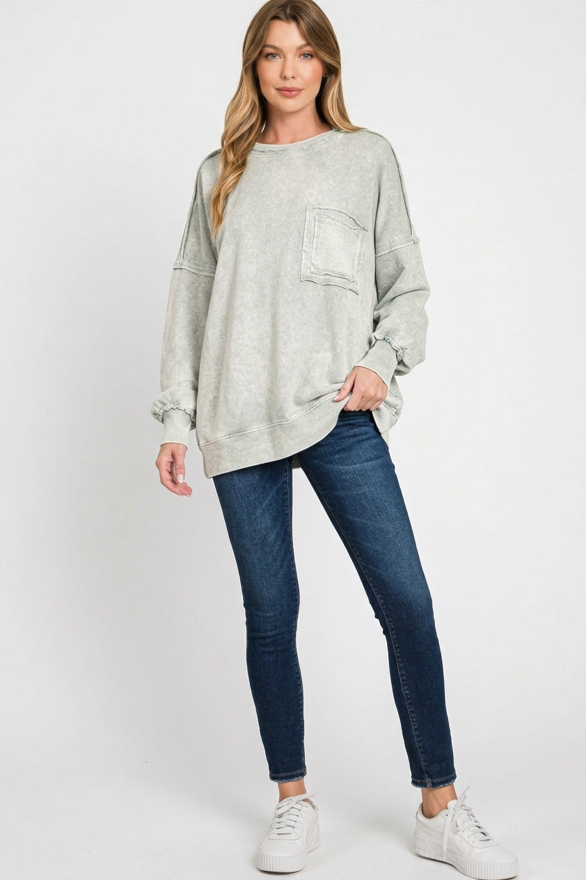 Zenana Light Grey Halo Washed French Terry Exposed-seam Sweatshirt