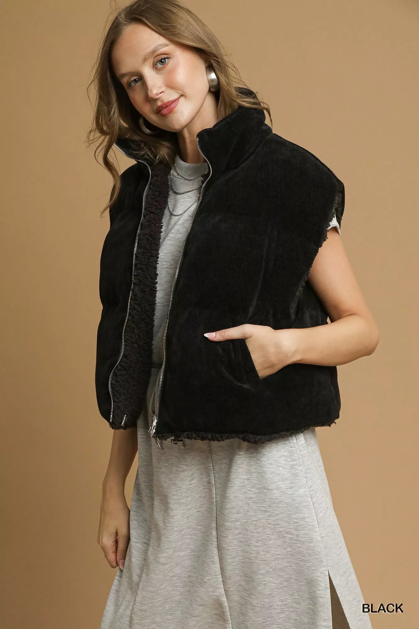 Umgee Sherpa-Lined Zip Vest with Drawstring Hem – Black