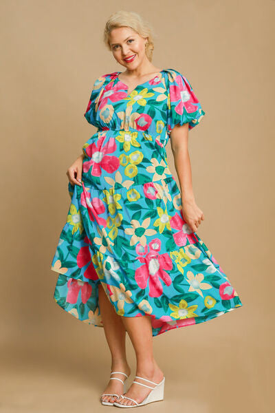 Umgee Azure Tiered Floral Print Notched Puff Sleeve Midi Dress