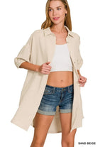 Zenana Sand Beige Washed Double Gauze Button Down Shirt Dress