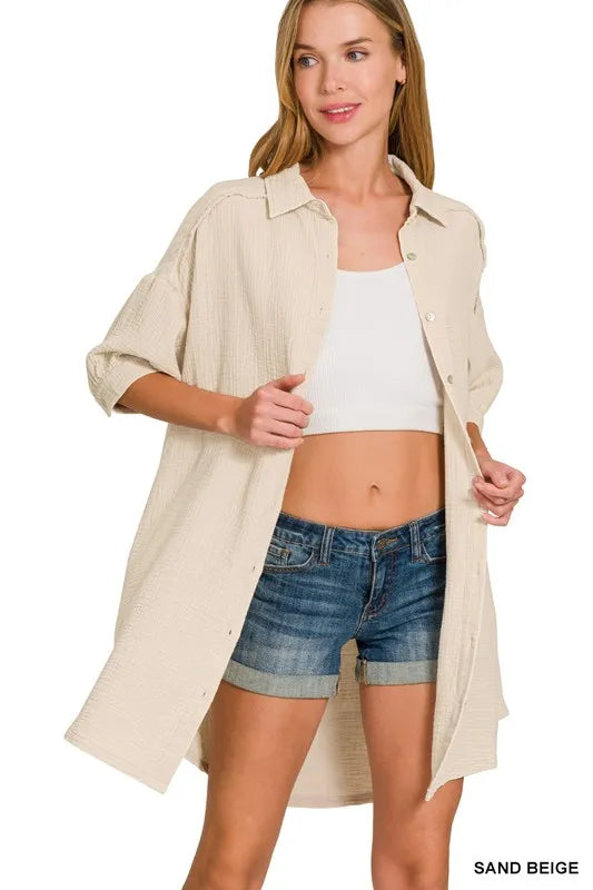 Zenana Sand Beige Washed Double Gauze Button Down Shirt Dress