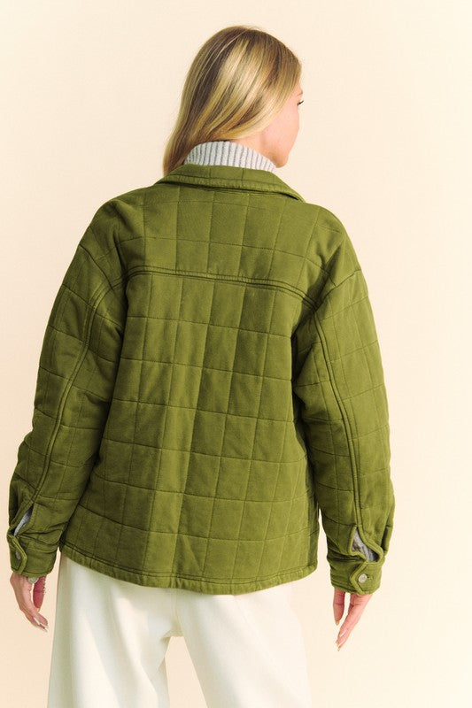 Davi & Dani Yellow Green Quilted Button Down Shacket with Chest Pockets Coats & Jackets