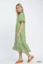 Umgee Green Leaf Print Ruffle Neck Midi Dress