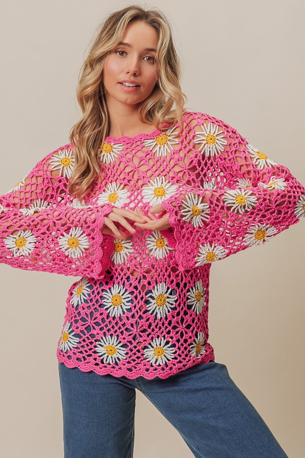 BiBi Fuchsia Floral Crochet Net Lace Cover Up Fuchsia Trendsi