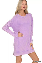 Zenana Lavender French Terry Acid Washed Dress with Pockets LAVENDER