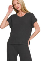 Zenana Black Rolled Sleeve Top and Pants Sweater Set