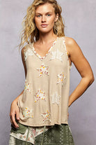 POL Wheat Beige Washed Ribbed V-Neck Tank with Floral Print Star Patch WHEAT BEIGE