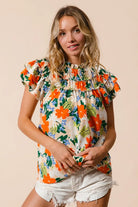 BiBi Cream & Multi Color Floral Print Woven Ruffle Sleeve Blouse CREAM