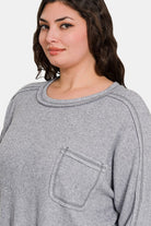 Zenana Gray Contrast Stitching Brushed Ribbed Hacci Knit Top Shirts & Tops