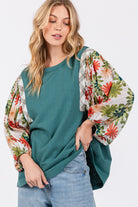 SAGE + FIG Teal Printed Balloon Sleeve Contrast Top Trendsi