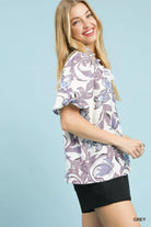 Umgee Grey Lush Blossom Print Puff Sleeve Top with Ruffle Trim Detail