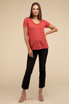 Washed Melange Burnout Scoop V-Neck Top ZENANA